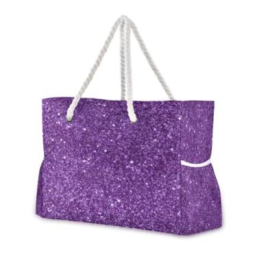 Imagem de Wassud Bolsa de praia roxa com estampa de glitter grande, bolsa de praia para mulheres, impermeável, à prova de areia, bolsa de viagem com zíper e bolso para piscina, academia, acampamento