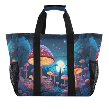 Imagem de Wassud Mushrooms Night Sacos de mercearia reutilizáveis grande bolsa de lona impermeável organizador para praia, piquenique, lavanderia, viagem