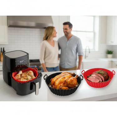 Imagem de Kit 2 Forma de Silicone Antiaderente Cesto para Air Fryer com Alça Preto e Vermelho