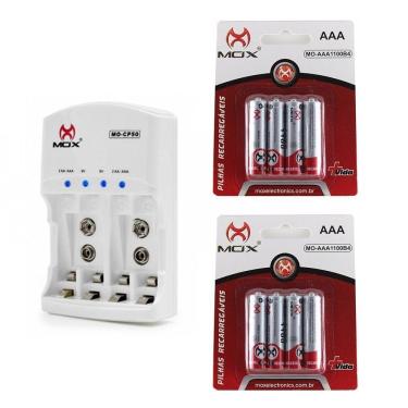 Imagem de Kit Carregador Bivolt 8 Pilhas Recarregável Mox Aaa 1000mah