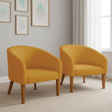 Imagem de Poltrona Sala Decorativa Kit 2 Stella Pé Madeira Trapézio Castanho Veludo Mostarda D03 - D'Rossi