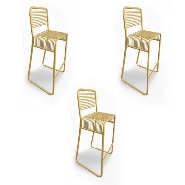 Imagem de Banqueta Cozinha Alta Kit 3 Base Industrial Aramada Taynah Dourado K01 - D'Rossi