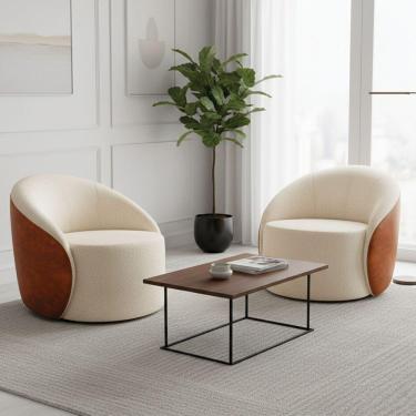 Imagem de Poltrona Sala Orgânica Kit 2 Lua Giratória Sintético Pu Nozes/bouclê Bege D03 - D'rossi
