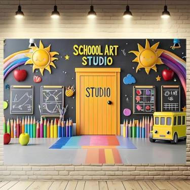 Imagem de Pincel de fundo de estúdio de arte escolar para sala de aula, quadro-negro, fotografia, decoração de sala de aula, ônibus escolar, jardim de infância, online, professores, aulas, adereços de sessão de