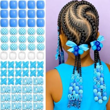 Imagem de huefeel 65 peças de contas de cabelo rosa para crianças, contas grandes, joias de dreadlock para tranças, acessórios de tranças fofas para mulheres e meninas (conjunto azul com 65 peças)