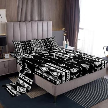 Imagem de Erosebridal Jogo de lençol solteiro, boêmio asteca, caveira, touro ocidental, geométrico, casa de fazenda, preto