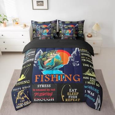 Imagem de jejeloiu Conjunto de edredom solteiro com peixe-lúcio, cama de pesca e caça, para meninos, meninas, adolescentes, azul ácido, 7 peças