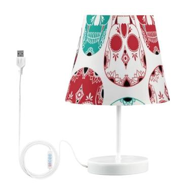Imagem de GAIGEO Abajur de mesa lateral USB com caveiras vermelhas e verdes lindas lâmpadas LED brilhantes para mesas noturnas, regulável, decoração de casa, lâmpada de quarto, estética