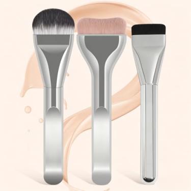 Imagem de Conjunto de pincéis de base de 3 peças, pincéis de maquiagem planos, língua e formato crescente para líquido, pó, creme - cerdas macias, cabeça larga ultrafina para aplicação de maquiagem suave e