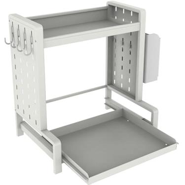 Imagem de INGIORDAR Prateleira de temperos de metal de 2 camadas, prateleira de armazenamento de temperos de cozinha com cesta suspensa, organizador de bancada para balcão, armário, despensa, banheiro, quarto