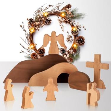 Imagem de Vercraft 9 peças de decorações religiosas de Páscoa para casa, túmulo vazio, cena de Páscoa e decoração de cruz, conjunto de cena de ressurreição de madeira, decoração de túmulo de presépio de Jesus