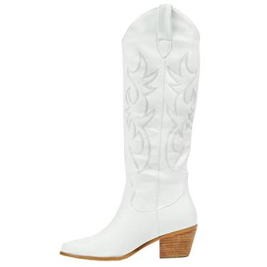 Imagem de SO SIMPOK Botas femininas de cowboy bordadas sem fecho, salto grosso, botas de cano médio ocidental, 2 Branco, 8