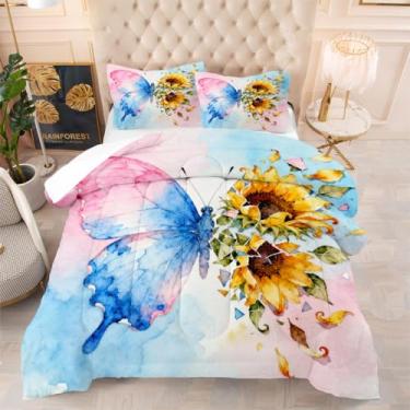 Imagem de CCoutueChen Conjunto de edredom Queen de borboleta, azul, rosa, verde, tie dye, para crianças, adolescentes, borboletas, floral, girassol, edredom com 2 fronhas, microfibra super macia para todas as
