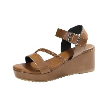 Imagem de Sandálias femininas modernas de tecido envolvente com salto plataforma plus size primavera verão casual fivela sandálias, Marrom, 39
