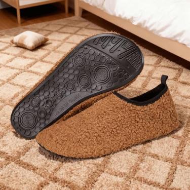 Imagem de Sapatos de viagem quentes femininos e masculinos – Chinelos leves e portáteis com forro de veludo macio e sola de borracha flexível, Marrom 02, 8 Wide