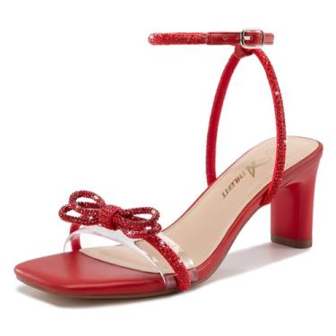 Imagem de Athlefit Sandálias femininas de salto com laço de strass transparente, bico quadrado, salto bloco, fivela e salto para festa de casamento, Vermelho, 37