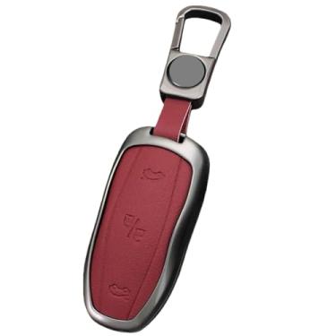 Imagem de Porta-chaves remoto inteligente de couro de liga de zinco para carro compatível com Tesla Modelo 3 / Modelo S Modelo Y / Acessórios para chaveiro protetor(A-red chian)