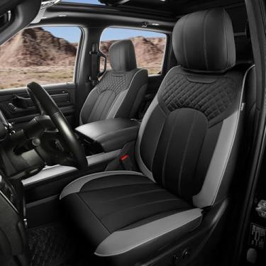 Imagem de FEINEPRO Capas de assento para Dodge Ram 1500 Crew Cab New Body 2014-2018, capa de assento de couro limitada Longhorn-Rebel-Laramie-Big Horn-Tradesman-TRX Capas de assento de caminhonete (cinza preto)
