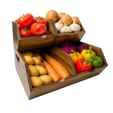 Imagem de LUSHZLUMBERA Caixa de armazenamento de madeira para batatas e cebolas, caixa de armazenamento empilhável de despensa de madeira para cozinha, legumes, frutas e pão, cesta de armazenamento de madeira