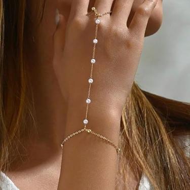 Imagem de Pulseira de corrente de mão delicada, pulseiras de ouro 14 quilates para mulheres, anel de dedo, corrente de mão, moderna, delicada, joias de mão, presentes, Medium, Latão, Sem Pedra Preciosa