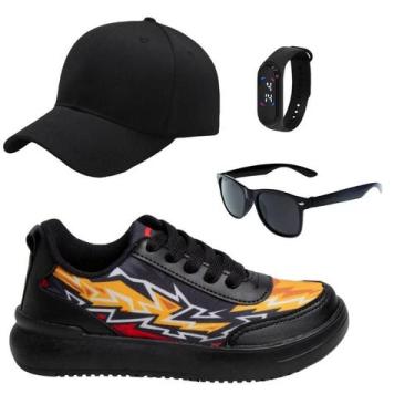 Imagem de Tênis Casual Infantil Masculino Chumbo/Preto/Fogo +Óculos+Relógio+Boné