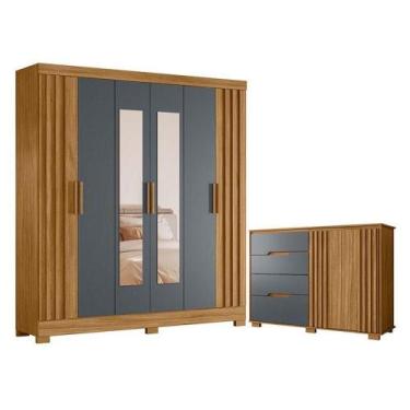 Imagem de Guarda Roupa Casal Valença Com Espelho E Cômoda Texas Freijó Cinza - M