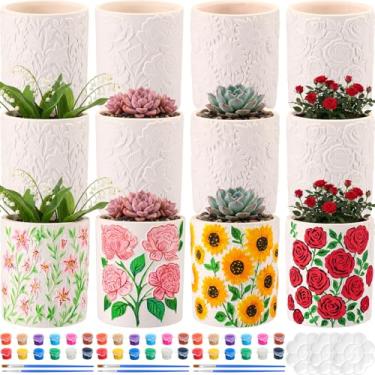 Imagem de Zubebe 12 peças para pintar seus próprios vasos de cerâmica de flores a granel inacabados kit de pintura com orifício de drenagem, lírio, girassol, peônia, rosa, mini vaso pintável para primavera, dia