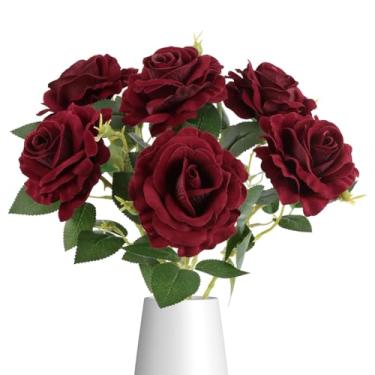 Imagem de ICBOX 10 peças de rosas vermelhas escuras, flores artificiais, rosas de veludo de toque real, rosas falsas realistas com hastes para casamento, buquê de noiva, festa, jardim, decoração ao ar livre