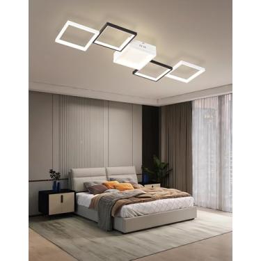 Imagem de Luminária de teto LED moderna e simples com moldura quadrada, dimerizável e com controle remoto, ideal para sala de estar, quarto e sala de jantar (branco + preto, 5 lâmpadas).