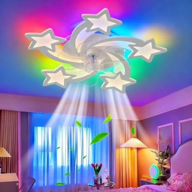 Imagem de Ventilador de teto com luzes RGB, controle remoto por aplicativo, lustre com luz dimerizável e reversível, 6 velocidades, silencioso, timer, luz noturna e função de memória para quarto infan