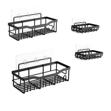 Imagem de 2 Pack Prateleira de Chuveiro com Rack Toalha e Conjunto Suporte Sabonete Montado na Parede Cesto Armazenamento Banheiro Furo Adesivo Ferro Heavy Duty