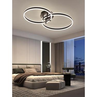 Imagem de Luminária de teto LED moderna com design de 3 anéis, preta, dimerizável e com controle remoto. Ideal para sala de estar, quarto, sala de jantar e escritório. Iluminação interna de LED (preta