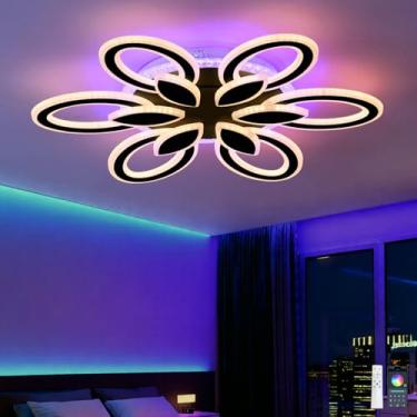 Imagem de Lustre de teto com 6 pétalas, controle remoto RGB, função de memória e ajuste de brilho com temporizador para sala de estar, preto.
