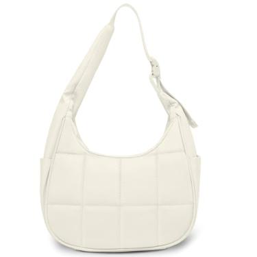 Imagem de KAATAI Bolsa de ombro pequena Puffer Crescent para mulheres, bolsas de ombro acolchoadas e fofas de nylon com alça ajustável, Bege