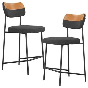 Imagem de Kit 02 Banquetas Baixa Bar Cozinha Sala Jantar Whisky Melina L02 Couríssimo Whisky Linho Chumbo - Lyam Decor