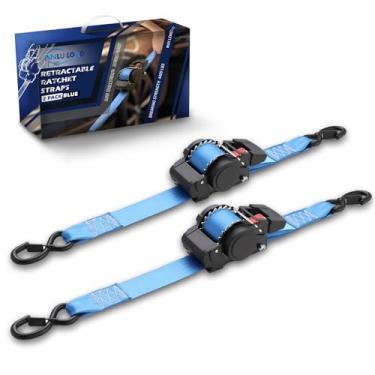 Imagem de ANLULOAD Alça de catraca retrátil, correia de amarração de catraca para motocicletas, barcos, quadriciclos, Utvs. 2 pacotes (5 x 13,1 pés) azul