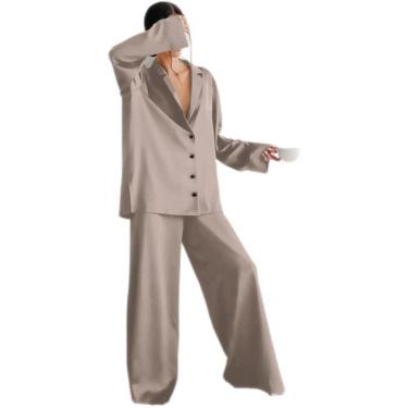 Imagem de Pijamas De Seda De Cetim De Grandes Dimensões Pijama Sexy Decotado Para Mulheres Single-breasted Mangas Compridas Calças De Perna Larga Ternos, Light Brown, L