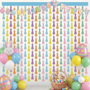 Imagem de Batiyeer 2 peças de cortinas de franja em forma de coelho com franjas de Páscoa, 1 m x 2 m, cor macron, tinsel para cabine de fotos, adereços de cenário para festa de casamento de Páscoa