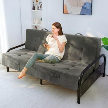 Imagem de MAXYOYO Colchão Futon tamanho casal de 20 cm com alças, sofá-cama dobrável tufada (moldura não incluída), colchão dobrável versátil para dormir no chão, sala de estar e quarto de hóspedes, cinza