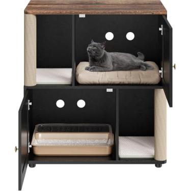 Imagem de Caixa de areia para gatos de camada dupla com armário oculto, poste arranhador de sisal e tapetes de areia – banheiro de madeira para gatos e cama aconchegante para gatos