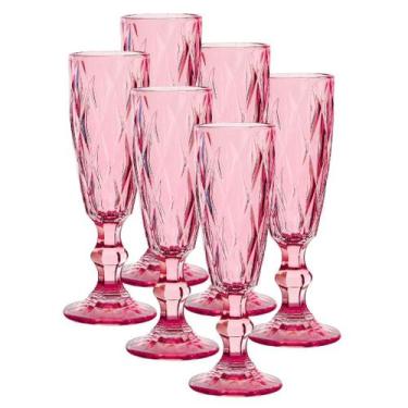 Imagem de Jogo C/ 6 Taças de Champanhe Diamond Rosa 170ml Luxo Espumante Champag