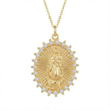 Imagem de VONALA Colar de Virgem Maria banhado a ouro 18K - Virgem de Guadalupe e pingente de amuleto de mãe Maria para mulheres, joia de presente
