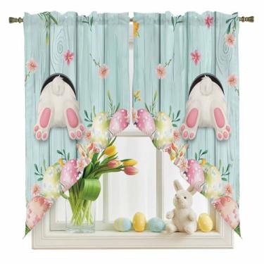 Imagem de Cortinas de Páscoa para cozinha, janelas, coelho, bumbum, flores, folha, janela, sanefas, tratamento de janela, ovo de Páscoa, azul-petróleo, madeira, grão, cortinas para quarto/sala de estar/banheiro