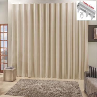 Imagem de Cortina Top Chick 3 Metros Sala Quarto Tecido Ráfia Trilho Suisso - Bege - 100% Poliéster