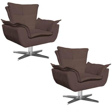 Imagem de Kit 2 Poltronas Decorativas Sala De Estar Base Giratória Cromada Opla Suede Marrom - Ibiza