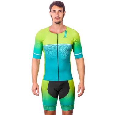Imagem de Kit triathlon top com mangas e bermuda elite neon uv 50+ kauna