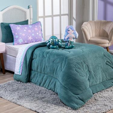 Imagem de Kit Coberdrom Cobertor Solteiro Sereia Verde Dupla Face Com Almofadas 04 Peças - Tecido Em Manta Microfibra