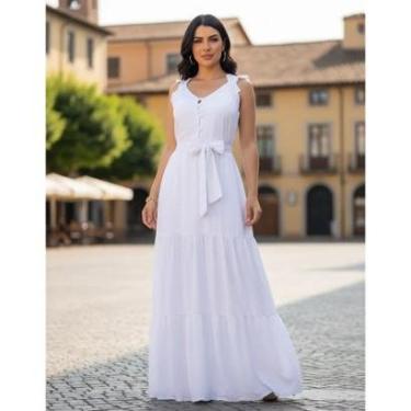 Imagem de Vestido Longo de Festa Feminino De Alcinhas Fresco Verão Com Cinto Decote Regulavel com Botões-Feminino