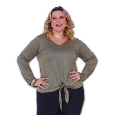 Imagem de Blusa Feminina Plus Size Manga Longa em Malha Decote V com Amarração  