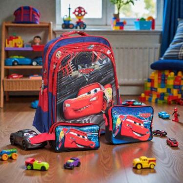 Imagem de Kit Bolsa Escolar Masculina Carros Alça Costas Reforçada - TOYS 2U